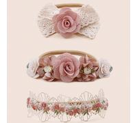 3 pezzi/set Fascia per capelli da neonata rosa con pizzo, fiocco e fiori, amore di San Valentino Tagli UnicaPiantePoliestere