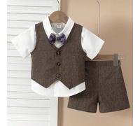 3 pezzi Set Festa della Mamma per Neonati: Gilet senza maniche, Pantaloncini e Papillon. Il gilet è di colore grigio chiaro con dettaglio decorativo a bottone, abbinato a un piccolo papillon multicolo