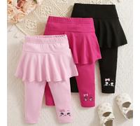 3 pezzi/Set Leggings con gonna per ragazze, design a strati per indossare facilmente, look dolce e carino per tutti i giorni, dettaglio con motivo a cartoni animati sull'orlo, giocoso e vivace, colori