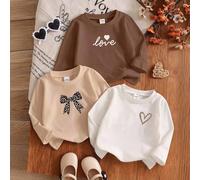 3 pezzi/set Magliette a girocollo a maniche lunghe in maglia per bambina, con stampe di fiocchi leopardati, lettere d'amore e cuori, adatte per primavera, autunno e inverno, per bambine da 6 mesi a 3 