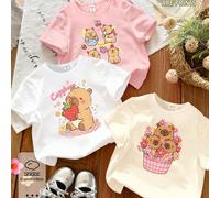 3 pezzi/set magliette a maniche corte casual e alla moda per bambine, con stampe creative e carine di cartoni animati, fiori, farfalle, fragole, ciliegie, stelle, cuori, nei colori bianco, rosa, beige