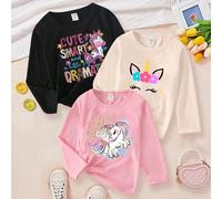 3 pezzi/Set Magliette a maniche lunghe basic con scollo rotondo, stampa grafica con slogan unicorno, casual e carine per ragazze giovani, moda a strati per l'autunno, nero e rosa baby per la scuola 6Y