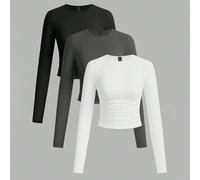 3 pezzi/set Magliette a maniche lunghe da donna con collo rotondo, arricciature, colore unito, adatte per autunno/inverno, stile old money/new money, casual slim fit, 95% cotone, vintage, softgirl, us