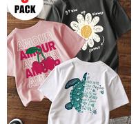 3 pezzi/Set Magliette casual a girocollo con stampe per ragazze, abbigliamento estivo per studenti giovani - Magliette colorate che portano gioia e felicità a ogni bambino! 6Y,7Y,8Y,9Y,10Y,14Y,11Y,12Y