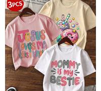 3 pezzi/set Magliette casual a maniche corte con collo rotondo stampate per bambine e ragazze, maglietta colorate che portano gioia e felicità ad ogni bambino, top estivi per studenti 6Y,7Y,8Y,9Y,10Y,