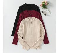 3 pezzi/set Magliette casual a maniche lunghe con collo a giro e costine per ragazze adolescenti, tinta unita 14Y,13Y,16Y,15YColore unicoTessuto