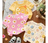 3 pezzi/set Magliette casual minimaliste a maniche corte e collo rotondo per ragazze giovani, con stampe in bianco crema, righe rosa acceso, giallo sole, fiori di dopamina, volto, fiori all'uncinetto,