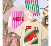 3 pezzi/set Magliette estive oversize a maniche corte per ragazze, con stampe divertenti di cibo come pasta, peperoncino e lettera "AMORE", vestibilità morbida e collo tondo, tessuto morbido e traspir