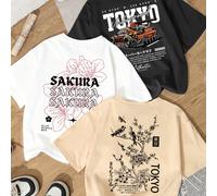 3 pezzi/set Nuova maglietta casual estiva a maniche corte e collo rotondo, con stampe divertenti di auto da corsa e motivi floreali e uccelli giapponesi, top versatile e alla moda per le donne L,M,S,X