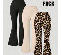 3 pezzi/set Pantaloni a zampa di ragazza adolescente con stampa semplice in nero e rosa, adatti per primavera, estate e autunno. 6Y,7Y,8Y,9Y,10Y,4Y,5Y,14Y,11Y,12Y,13Y,16Y,15Ystampa dappertuttoPolieste