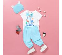 3 pezzi Set Pasquale per Bambini Maschi, Casual Versatile Carino con Slogan "La Mia Prima Pasqua" e Stampa a Coniglietto, Body e Pantaloni, con Cappellino con Orecchie 3D, Adatto per Primavera/Estate,