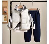 3 pezzi set per ragazzi in stile moda: gilè imbottito, felpa a righe e pantaloni neri. Ideale per attività all'aperto, viaggi, scuola e varie occasioni. Set sportivo per il ritorno a scuola 2025 per b
