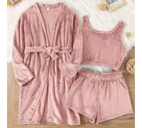 3 pezzi Set pigiama in flanella rosa minimalista e confortevole per ragazze adolescenti, composto da vestaglia a maniche lunghe, canotta corta e pantaloncini, adatto per l'autunno/inverno 14Y,13Y,16Y,