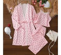 3 pezzi set pigiama: top corto a bretelle, pantaloni lunghi e vestaglia lunga con stampa rosa e cuori. Versatile, può essere mixato e abbinato in base alla temperatura e all'occasione. La vestaglia ha