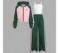 3 pezzi/set Ragazze Tween Casual Ritorno a Scuola Colore Bicolore Borgogna Felpa con Cappuccio e Cerniera Canotta Corta & 8Y,9Y,10Y,11Y,12YBlocchi di coloreTessuto in maglia,Tessuto intrecciato