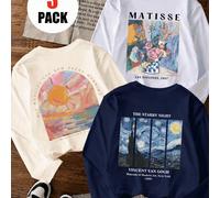 3 pezzi/Set Ragazze Tween Grandi Camicie Casual a Maniche Lunghe Ampie con Stampa sul Retro Notte Stellata di Van Gogh, Floreale di Matisse, Dipinto a Olio Alba, Combinazione di 3 Colori 6Y,7Y,8Y,9Y,1