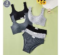 3 pezzi Set reggiseno e slip donna con schiena a U, colore unito, stile minimalista e casual, senza ferretto, comodo, assorbente degli urti e durevole, adatto per l'uso quotidiano e l'attività sportiv