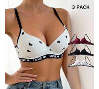3 pezzi/Set Reggiseno Push-Up a Righe con Cuori, Moda Minimalista Casual per Uso Quotidiano 75B,75C,75D,80B,80C,80D,85B,85CGrafico,LettereTessuto in maglia