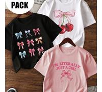 3 pezzi/set T-shirt casual a maniche corte con collo rotondo e stampa per ragazze, adatta per l'abbigliamento estivo degli studenti - T-shirt colorata con fiocco retrò, che porta gioia a ogni bambino!