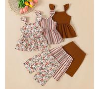 3 pezzi Set top senza maniche e pantaloncini per bambine con stampa a fiori e righe 6-9M,9-12M,12-18M,18-24M,2-3YA strisce,PiantePoliestere