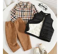 3 pezzi Set tuta bambino maschio, camicia a quadri, gilet in pile, pantaloni jogger, abbigliamento unisex bambino, adatto per interno, esterno, uso quotidiano, sport, gioco, festa, servizio fotografic