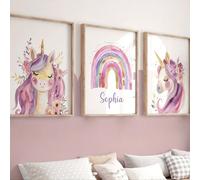 3 pezzi Stampe su tela personalizzate con unicorno - Opera d'arte da parete personalizzata per camera da letto, disegni di unicorni rosa e viola con arcobaleno, accenti floreali, senza cornice, decora