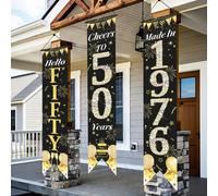 3 pezzi Striscione per il 50° compleanno adatto per l'anno di nascita 1976, numero 50 in nero e oro, couplet per porta d'ingresso, tenda per porta con numero d'età, decorazione appendibile stirabile, 