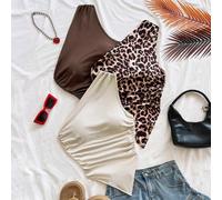 3 pezzi Top da donna con spalla asimmetrica chic, set da 2 pezzi per club estivo notturno in tutte le tonalità di marrone, orlo asimmetrico, vacanza, spiaggia, ospite di matrimonio, boho tropicale L,M