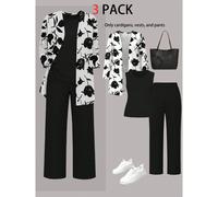 3 pezzi Tuta casual da donna taglie forti con stampa floreale, composta da giacca, top senza maniche a collo tondo e pantaloni a gamba dritta in vita elastica, adatta per l'ufficio, elegante per l'aut