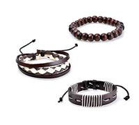 3 Pezzi Uomo Braccialetti Intrecciati in Ecopelle Vintage Perle di Legno Braccialetti Braccialetti Gioielli Regalo Elegante e Popolare