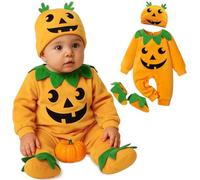 3 Pezzi Zucca Costume Neonato,Maniche Lunghe Vestito Carnevale Neonato,Costume Zuccas Neonata in Cotone Unisex,Costumes Zuccas Neonata Tuta Con Cappuccio+Calzini,Regali di Natale Neonati (0-18 Mesi)