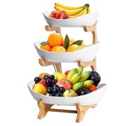 3 Piani Cesto Frutta con Supporto Legno Bambù Naturale, Porta Frutta Ceramica con 8 Viti, Portafrutta Ripiani Moderna, Cestino Fruttiera Famiglia per Verdura, Dolci, Caramelle, Snack (Bianco)