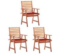 3-Piece Acacia Wood Outdoor Dining Chairs Set with Cushions, Weather-Resistant Patio Garden Furniture for Terrace, Backyard, Red Waterproof Seat Covers, Rustic Design, Easy Assembly, Max Load 110kg