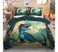 3 Piece Blu-Verde Dinosauri Della Foresta Pattern Duvet Set,3D Da Letto,Illustrazioni Animali In Stile Cartoon Set Biancheria Da Letto,Copripiumino Con Cerniera,Per Adulti Ragazzi Ragazze 135X200Cm