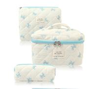 3 Piezas Beauty Case Da Viaggio Morbido Grande, Makeup Bag Pochette Donna Trucchi Trousse (Fiocco Blu)