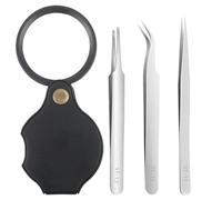 3 pinzette di precisione con lente d'ingrandimento 10x, pinzette in acciaio inox extra fini, angolate, punte smussate, per elettronica, saldatura, lavori di laboratorio