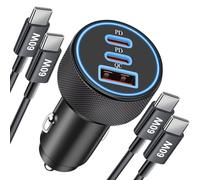 3-Porte 67W USB-C Caricabatterie Auto per iPhone 17 Air 16 15 Pro Max, Samsung Galaxy S25/S24/S23/S22 Ultra, Google Pixel 9/8/7, Auto PD/QC Caricatore Accendisigari Rapido Presa 2-Pezzi USB C Cavo 1M