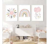 3 Poster Boho Bébé 30 x 40 cm Quadro della camera da bambina, motivo: sole, sole, sole, arcobaleno in cielo