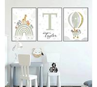 3 poster per camera da letto, motivo: arcobaleno, mongolfiera, per bambini, prenom, personalizzato, lavagna, verde menta, poster 30 x 40 cm, motivo: animali, giraffa, elefante, leone, poster per