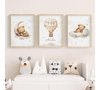 3 poster per cameretta dei bambini, 30 x 40 cm, poster orsetto per bebè, nuvola, mongolfiera, poster personalizzato, prenom per bambini, tavolo, camera da letto, beige, tela, decorazione da parete