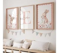 3 Poster Prenom Personalizzato Fiore Coniglio Camera Da Letto Bambina 30x40 Rosa Tabella Camera Bambino Neutro Deco Poster Murale Bebe Animali Fiore Decorazione Della Parete Bambino Poster Tela Senza