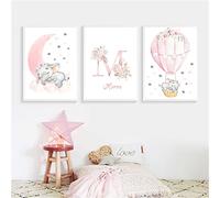 3 Poster Rosa Nome Personalizzato Bambini 30 x 40 cm Quadro Camera da Letto Bambina Stampe Elefante Luna su Tela Quadretti Cameretta Bambino Neonato Regalo senza Cornice