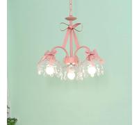 3 Princess Girls Bedroom Bow Crystal Pink Chandelier Ribbed Glass Hanging Pendant Lamp French Country Vintage Ceiling Light for Nursery Dining Room
