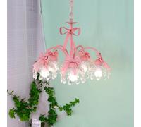 3 Princess Girls Bedroom Bow Crystal Pink Chandelier Ribbed Glass Hanging Pendant Lamp French Country Vintage Ceiling Light for Nursery Dining Room