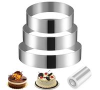 3 pz Cerchio a Patisserie 10 15 20 cm, cornice per pastissier Rotondo Inox Argento con Collare per torta, Stampo Cerchio per Gateau Cookie Taglierino Forma Fondente Gelata Schiuma Argento