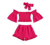 3 Pz Completo Estivo Bambina Crop Top Corto Senza Spalline + Pantaloncini + Fascia per Bambina (Rosa, 5-6 Anni)