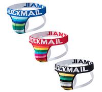 3 Pz/Pack Degli Uomini Slip Jockstrap Cotone Mens Rainbow Stripe Jock Strap Comodo Mens Jockstrap, nero, blu, rosso., XL