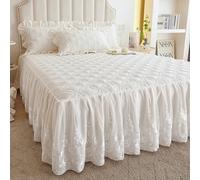 3 Pz Pizzo Floreale Rete Increspato Letto Gonna Federe Set Copriletto Telo Cover