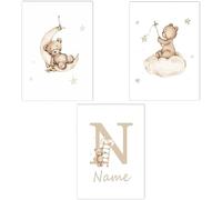 3 Quadretti Cameretta Bambino Nome Orso Poster Personalizzato Neonato Beige Stampe Bimbo Quadro Decorativi da Parete Bambini Camera Ragazza Ragazzo Regalo Tela 30x 40 cm senza Cornice (BYPT12-30x40)