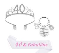 3 Regali per Il 40° Compleanno da Donna, con Corona e Fascia Compleanno 40°, Scritta "40 & Fabulous", Set Regalo Personalizzato con Bicchiere da Vino Portachiavi per Compleanno Feste 40 (D)
